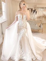 Sexy V-neck Mermaid Wedding Dress With Detachable Train
